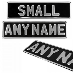 SINGLE OBLONG SMALL PERSONALISED KIDS NUMBER PLATES ANY NAME Pressed Number Plates Black and Silver +5 STICKY PADS