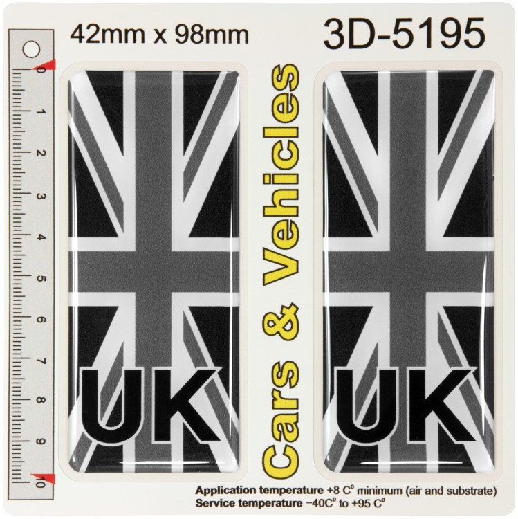2x 42 x 98 mm UK Black Union Jack Flag Number Plate Side Stickers Gel Domed Decals Badges