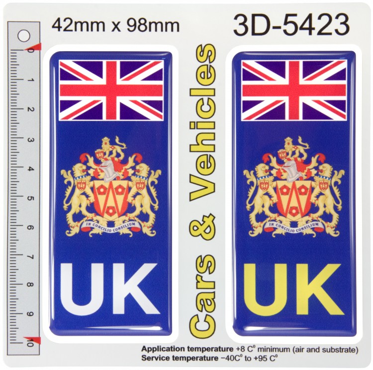 2x 42 x 98 mm UK Flag Lancashire County Number Plate Stickers 3D Gel Domed Decals Badges
