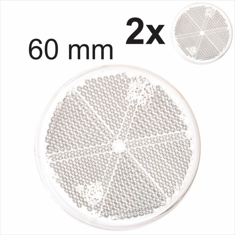 2x 60mm Self-Adhesive Front White Round Circular Trailer Caravan Reflectors Pair