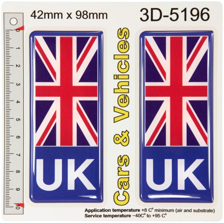 2x 42 x 98 mm UK Blue Union Jack Flag Number Plate Side Stickers 3D Gel Domed Decals Badges