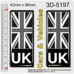 2x 42 x 98 mm UK Union Jack Flag Number Plate Side Stickers Black Gel Domed Decals Badges