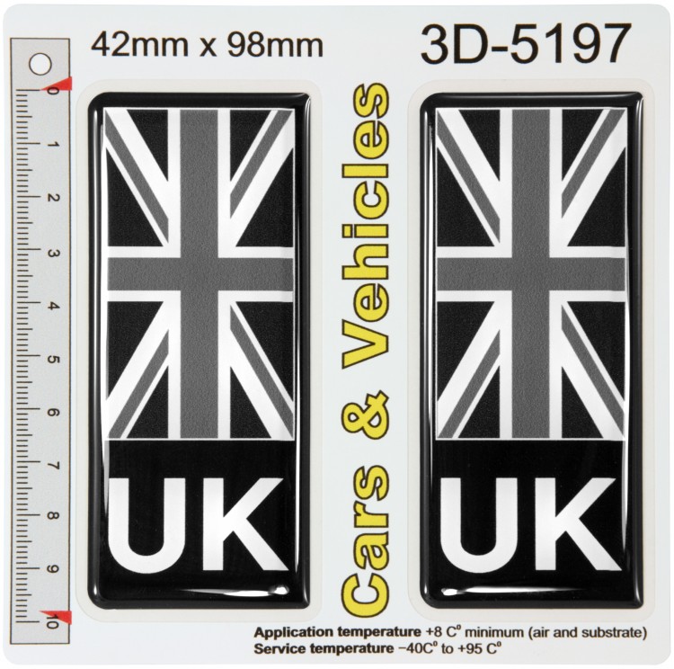 2x 42 x 98 mm UK Union Jack Flag Number Plate Side Stickers Black Gel Domed Decals Badges