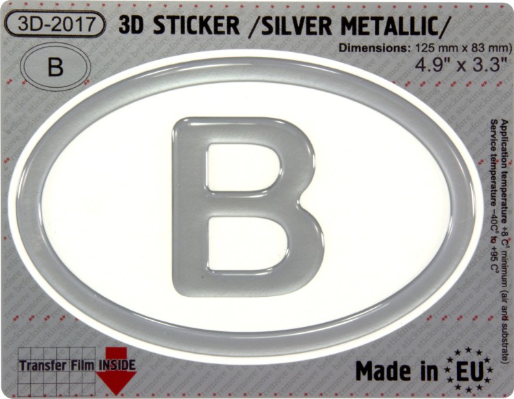 B Belgium OVAL GEL DOME CAR STICKER Silver metallic Resin Decal 3d Domed Badge