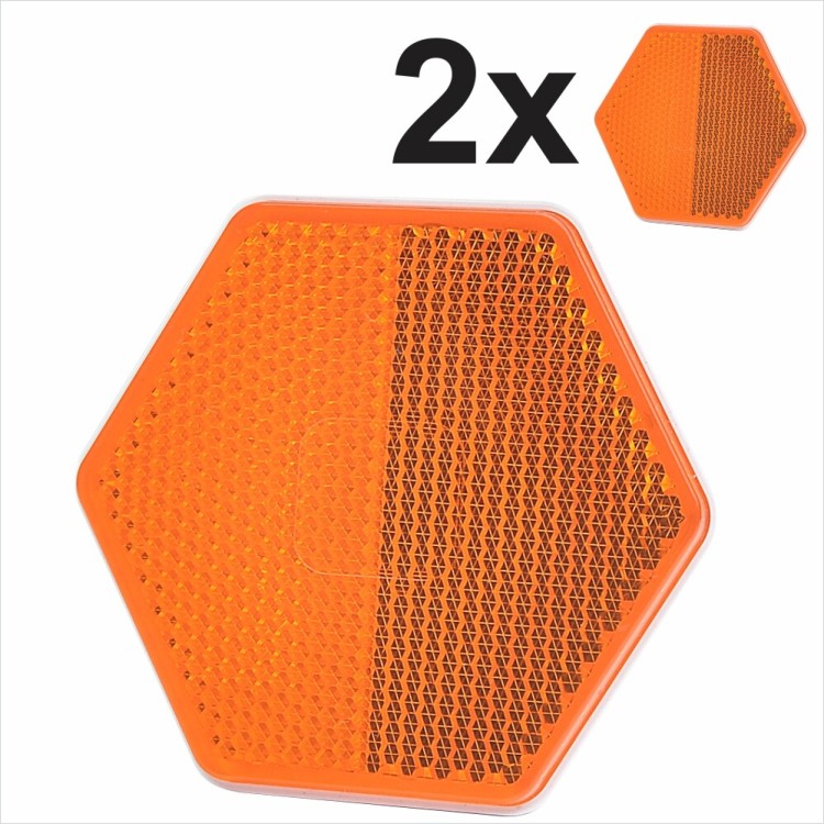 2x 75mm HEXAGONAL STICK ON Self-Adhesive Hexagon Amber Orange Trailer Reflectors