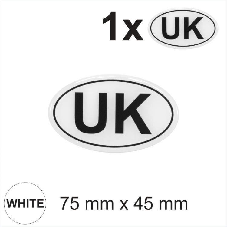 UK Oval Black on White 75mm x 45mm Gloss Sticker Dome Car Van 3D Gel Resin Decal