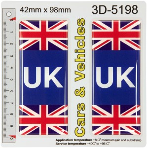 2x 42 x 98 mm UK Union Jack 2 Flags Number Plate Side Stickers Gel 3D Domed Decals Badges