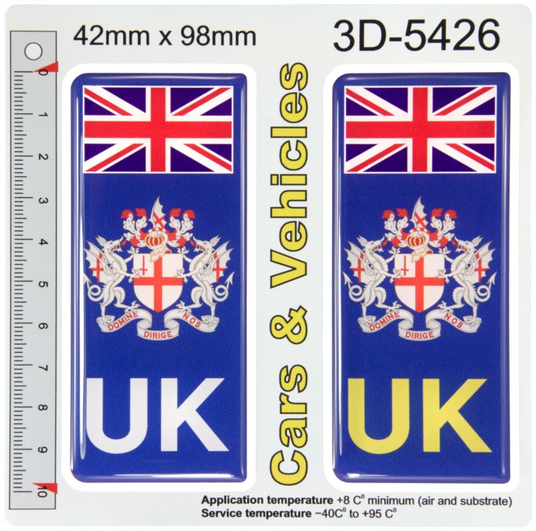 2x 42 x 98 mm UK City of London County Number Plate Stickers 3D Gel Domed Decals Badges