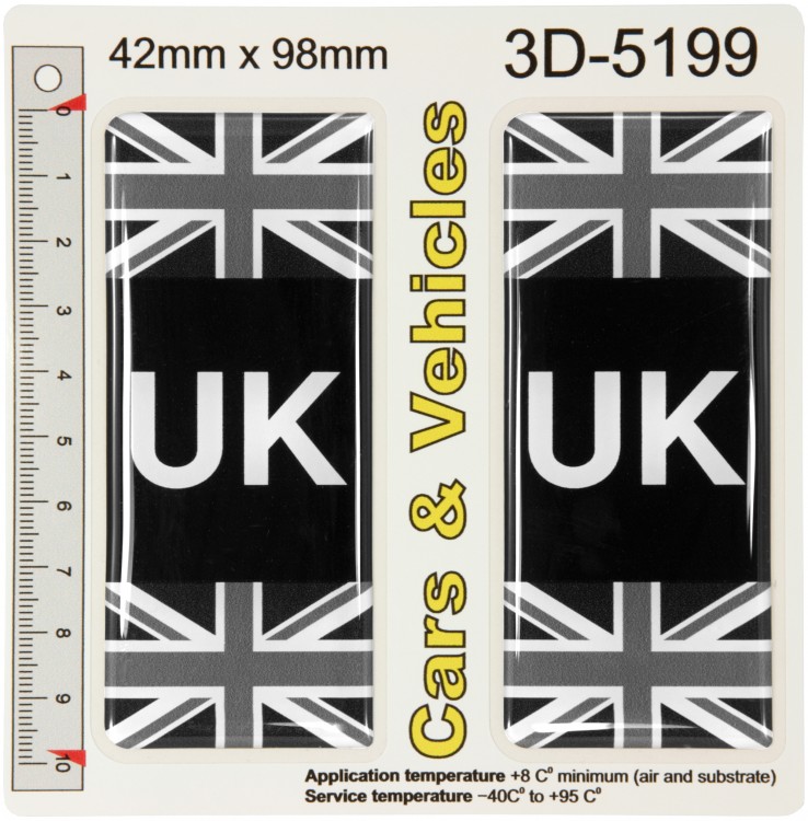 2x 42 x 98 mm UK Union Jack 2 Flags Number Plate Side Stickers Black 3D Domed Decals Badges