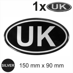 UK Oval RETRO Metallic Silver on Black Sticker Dome Car Van 3D Gel Resin Decal - 3D-5388