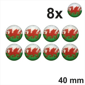 8x 40mm Wales Welsh Dragon Flag Stickers Decal Gloss Domed Resin 3D Cymru Badge