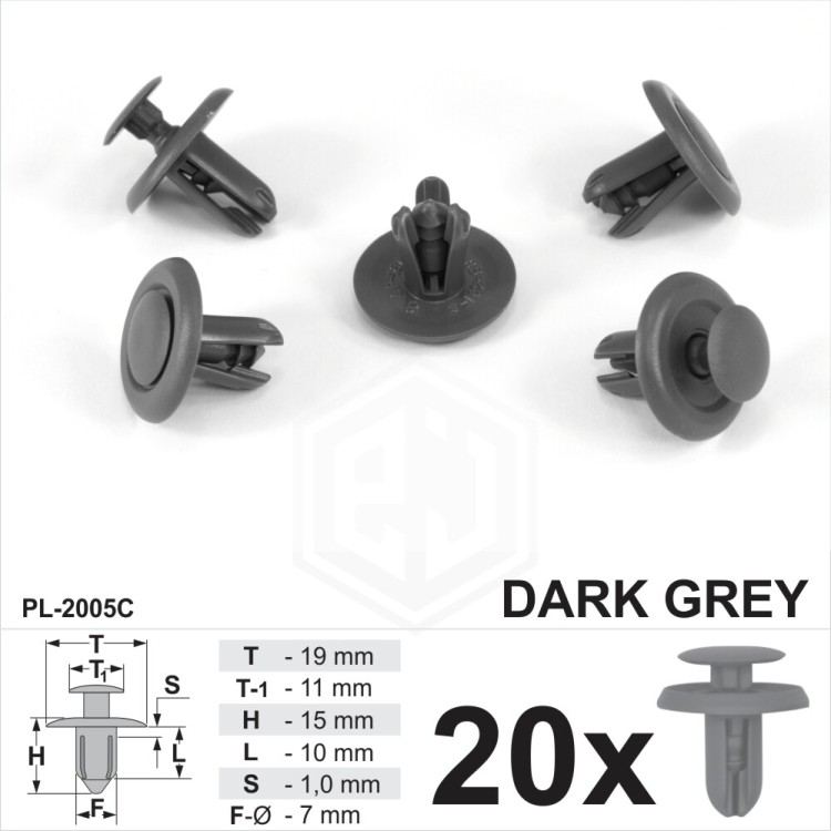 7mm Dark Grey Plastic Trim Push Fit Rivet Pin Clips Fastener Panels Covers