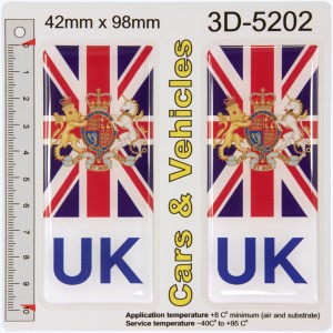 2x 42 x 98 mm UK United Kingdom Coat of Arms Number Plate Stickers 3D Domed Decals Badges