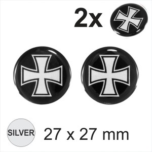 2x27mm Iron Cross Silver Round Moto Helmet Car Circle Sticker Decal Domed Gel 3D