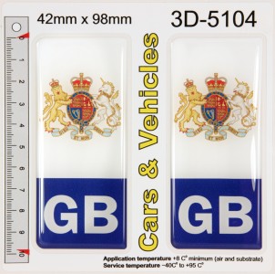 2x 42 x 98 mm GB Great Britain Coat of Arms Number Plate Resin Stickers Decals Badges Domed