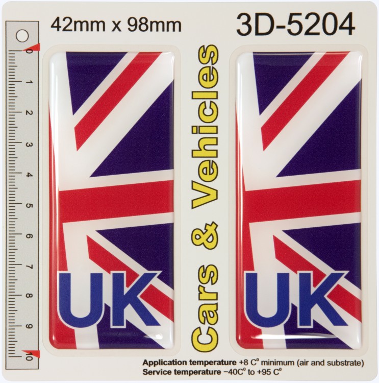 2x 42 x 98 mm UK United Kingdom Union Jack Flag Number Plate Stickers Gel Domed Decal Badge