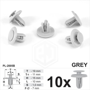 7mm Grey PlasticTrim Push Fit Rivet Pin Clips Doors Fastener Panels Covers