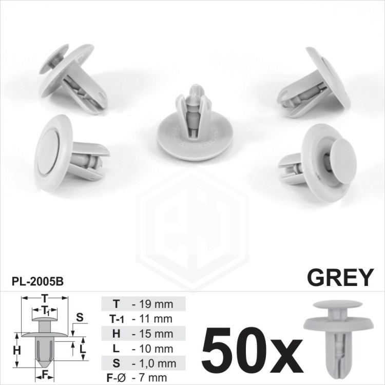 7mm Grey PlasticTrim Push Fit Rivet Pin Clips Doors Fastener Panels Covers