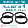 Spigot Rings / 72.3mm - 57.1mm / 6mm FULL SET OF (4) FOUR RINGS - Spigot Rings / 72.3mm - 57.1mm / 6mm FULL SET OF (4) FOUR RINGS