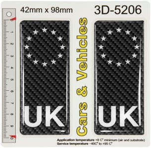 2x 42 x 98 mm UK CARBON ES EU euro stars Number Plate Stickers 3d Resin Domed Decals Badges