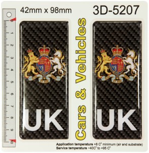 2x 42 x 98 mm UK CARBON Coat of Arms Number Plate Stickers 3d Resin Gel Domed Decals Badges