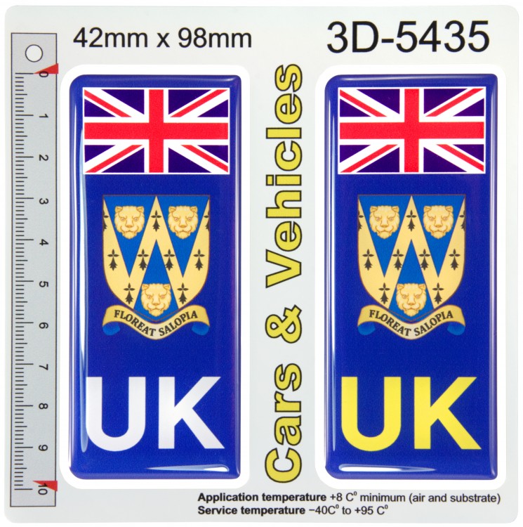 2x 42 x 98 mm UK Flag Shropshire County Number Plate Stickers 3D Gel Domed Decals Badges