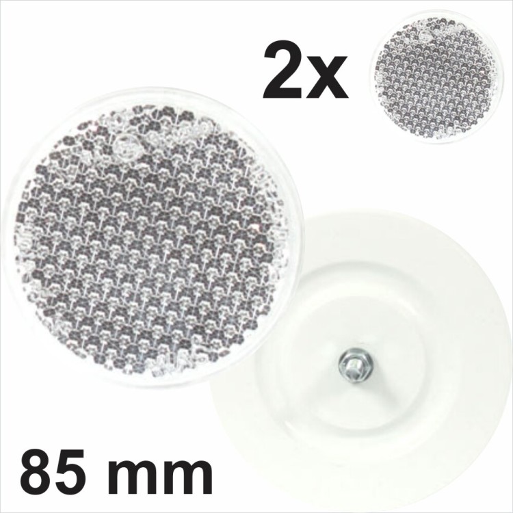 2x 85mm White Round Circular Reflectors with Rear Bolt Attachment E-Approved