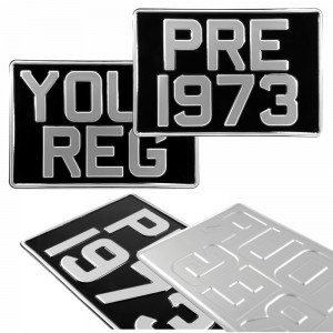 2x SQUARE 300x200 Black and Silver Classic Pressed Number Plates +10 STICKY PADS 