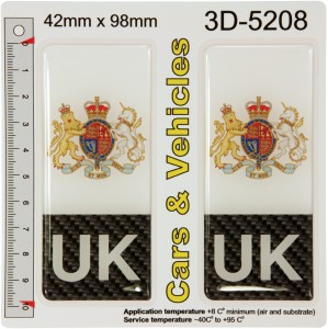 2x 42 x 98 mm UK Coat of Arms CARBON Number Plate Stickers 3d Gel Resin Domed Decals Badges