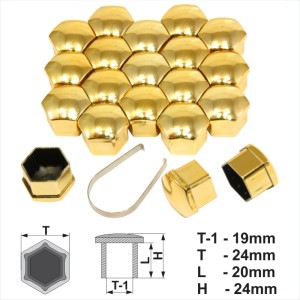 19mm Gold Chrome Alloy Wheel Nut Bolt Covers Caps Metal Removal Tool Set of 20
