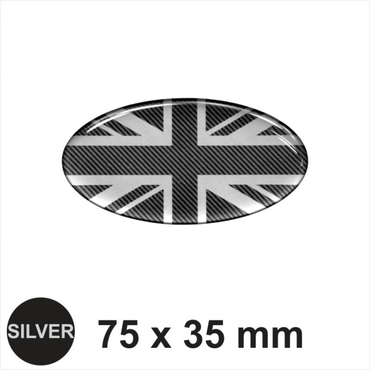 Oval Union Jack Flag 75x35mm Carbon Black Sticker Dome 3D UK Decal Car Van Bike