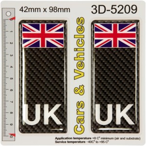 2x 42 x 98 mm UK Union Jack Flag CARBON Number Plate Stickers 3D Resin Domed Decals Badges