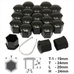 19mm Black Alloy Wheel Nut Bolt Covers Caps Metal Removal Tool Any Car Set of 20