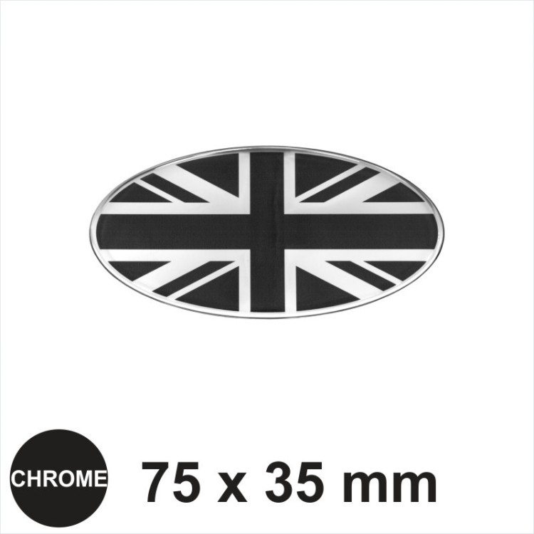 Oval Union Jack Flag 75x35mm Chrome Black Sticker Dome 3D UK Decal Car Van Bike