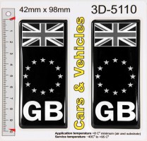2x 42 x 98 mm GB UK Union Jack Euro Stars Black Number Plate Stickers Decals Badges Domed