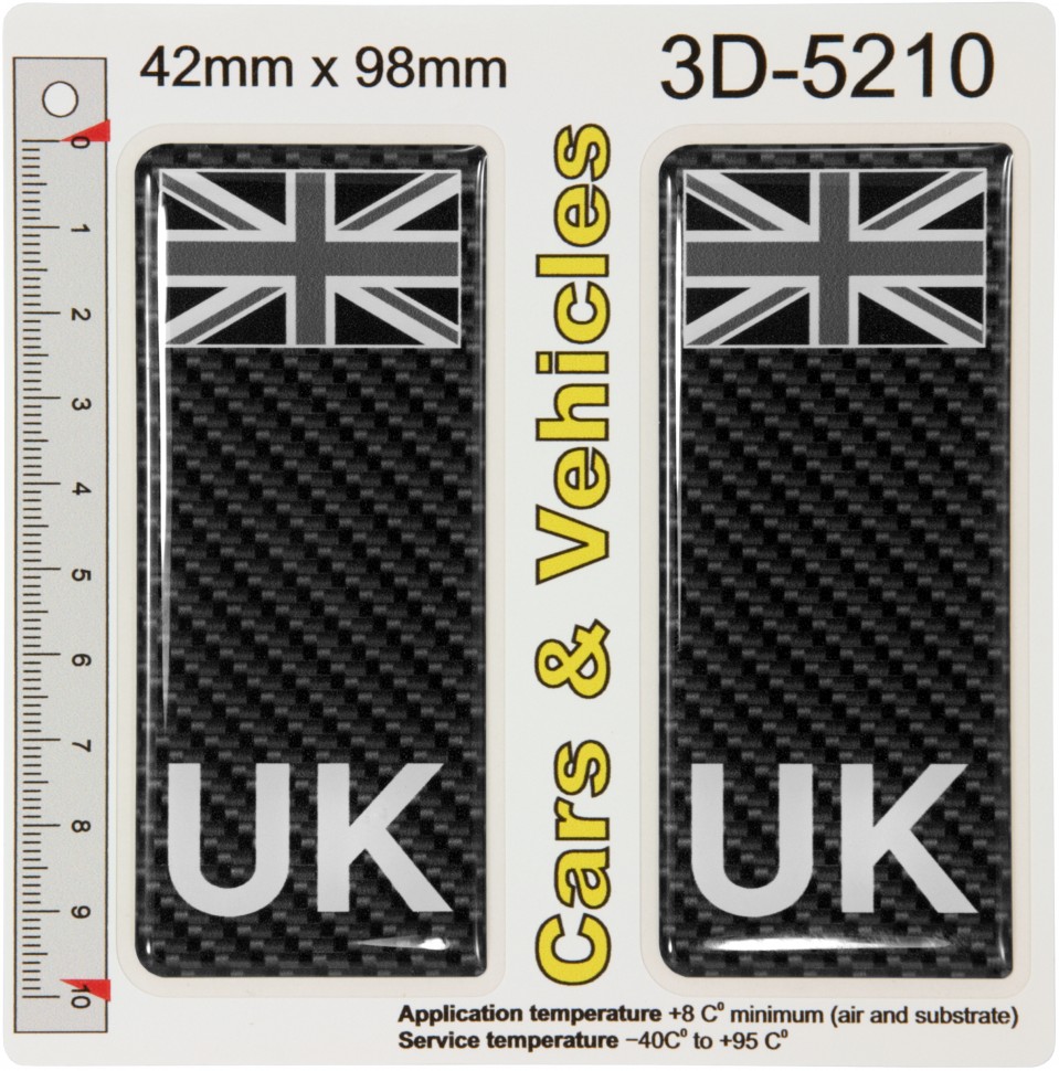 2x Black UK Union Jack Flag CARBON Number Plate Stickers 3D Domed Decals Badges 