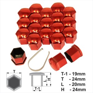 19mm Red Chrome Alloy Wheel Nut Bolt Covers Caps Metal Removal Tool Set of 20
