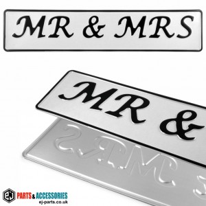 SINGLE OBLONG Mr & Mrs Wedding Car Pressed Number Plates White/Black