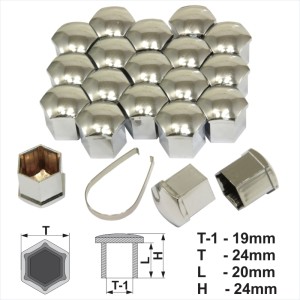 19mm Chrome Silver Alloy Wheel Nut Bolt Covers Caps Metal Removal Tool Set of 20