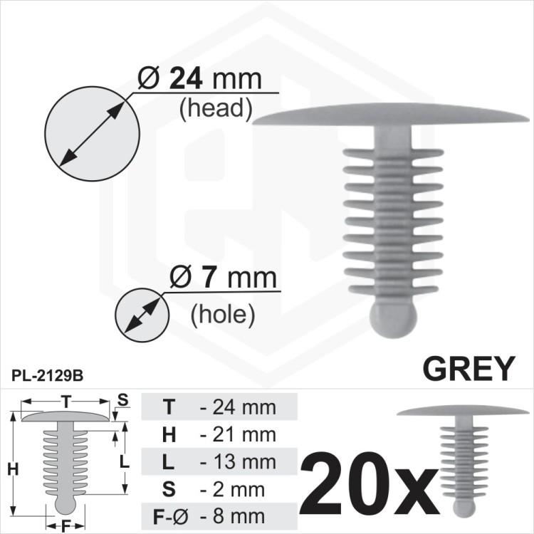 Grey Plastic Fir Tree Push In Buttons Trim Clips 7mm Hole, 24mm Head Car Van