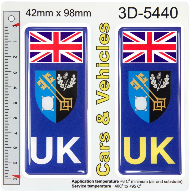 2x 42 x 98 mm UK Flag Surrey County Number Plate Stickers 3D Gel Domed Decals Badges