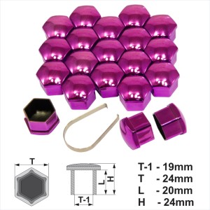 19mm Purple Chrome Alloy Wheel Nut Bolt Covers Caps Metal Removal Tool Set of 20