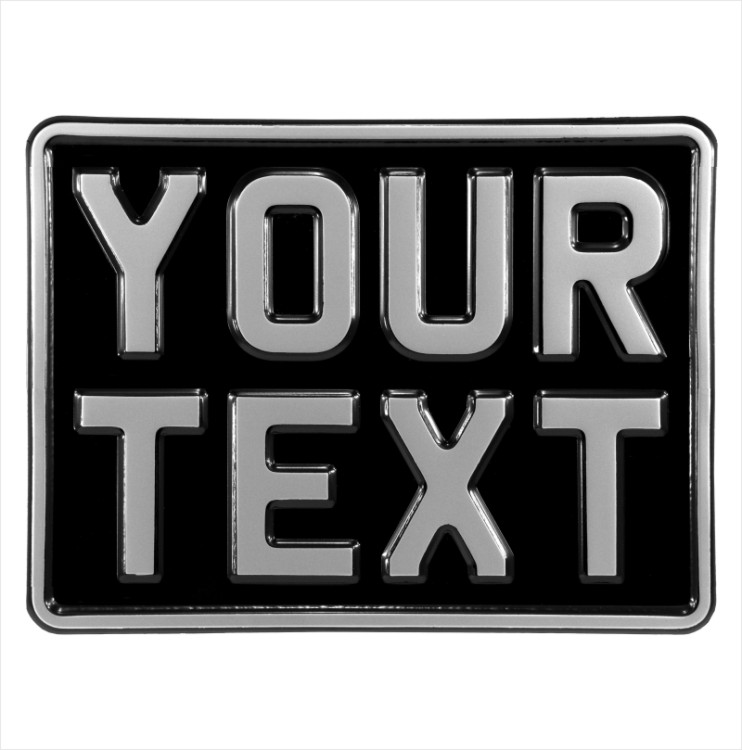 8x6 BLACK and SILVER Single (1) personalised Toy Kids Car Motorcycle Pressed TEXT Novelty Plate 200x150 mm