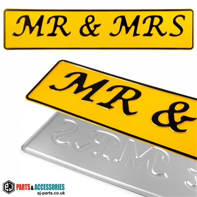 SINGLE OBLONG Mr & Mrs Wedding Car Pressed Number Plates Yellow/Black