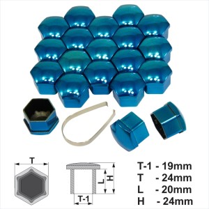19mm Blue Chrome Alloy Wheel Nut Bolt Covers Caps Metal Removal Tool Set of 20