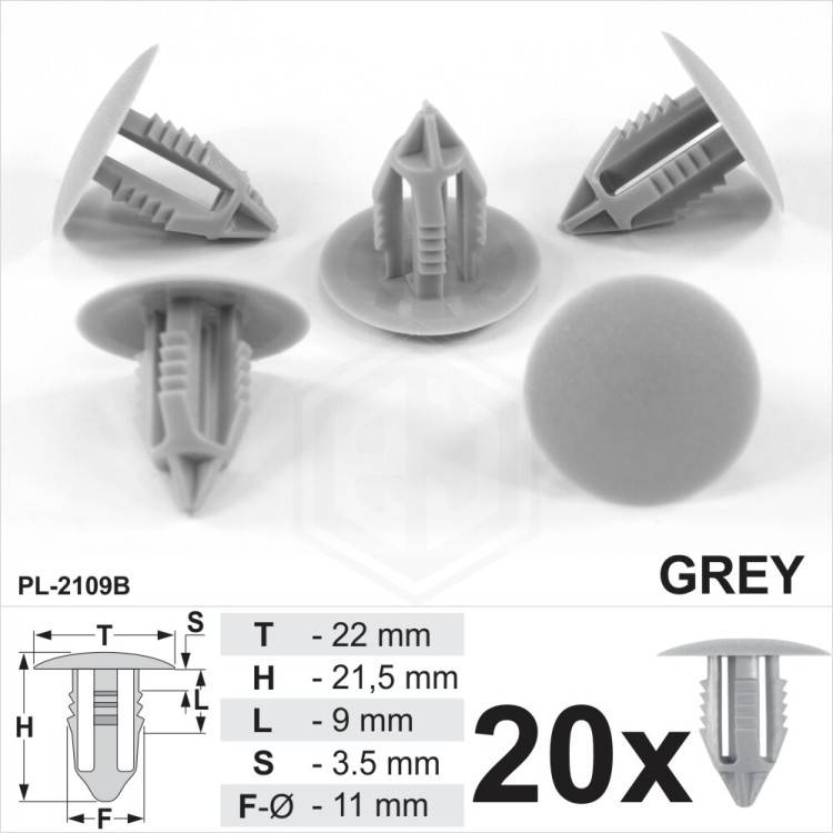Grey Plastic Fir Tree Trim Clips 10mm Hole 22mm Head Car Van Push In Spruce