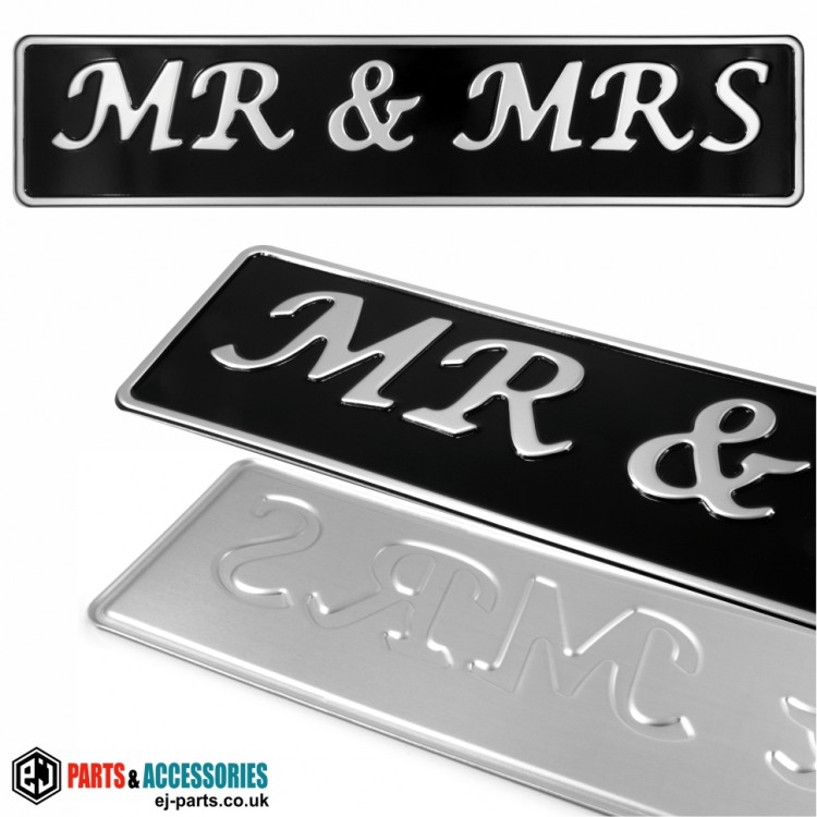 SINGLE OBLONG Mr & Mrs Wedding Car Pressed Number Plates Black/Silver