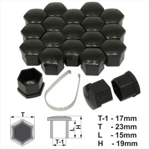 17mm Black Alloy Wheel Nut Bolt Covers Caps Metal Removal Tool Any Car Set of 20