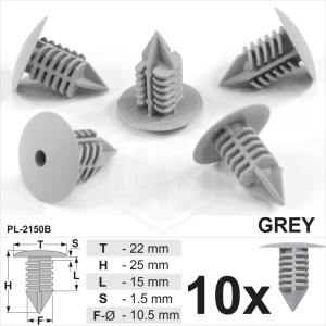 Grey Plastic Fir Tree Trim Clips 10mm Hole 22mm Head Fastener Push Button