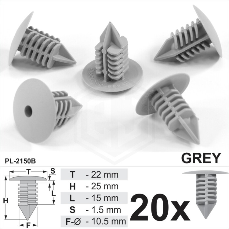 Grey Plastic Fir Tree Trim Clips 10mm Hole 22mm Head Fastener Push Button